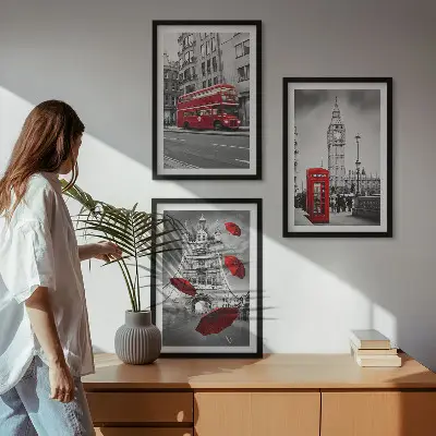 Set of 3 framed wall art pieces featuring Red Accents London