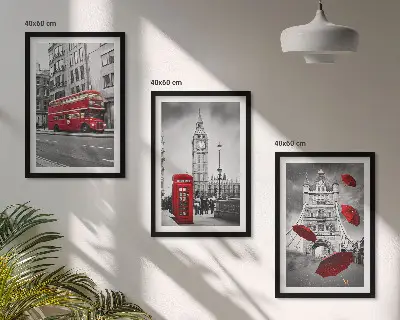 Set of 3 framed wall art pieces featuring Red Accents London