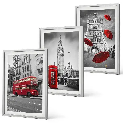 Set of 3 framed wall art pieces featuring Red Accents London