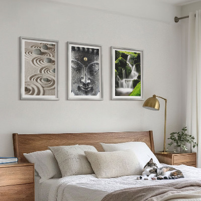 Set of 3 framed wall art pieces The Peace of the Stones of the Buda Zen Waterfall