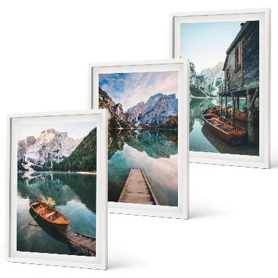 Set of 3 framed wall art pieces Lake, mountains, boats, cottage