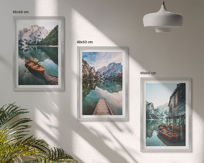 Set of 3 framed wall art pieces Lake, mountains, boats, cottage