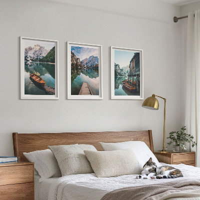 Set of 3 framed wall art pieces Lake, mountains, boats, cottage
