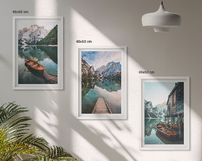Set of 3 framed wall art pieces Lake, mountains, boats, cottage