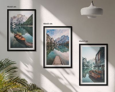 Set of 3 framed wall art pieces Lake, mountains, boats, cottage