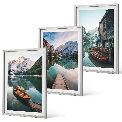 Set of 3 framed wall art pieces Lake, mountains, boats, cottage