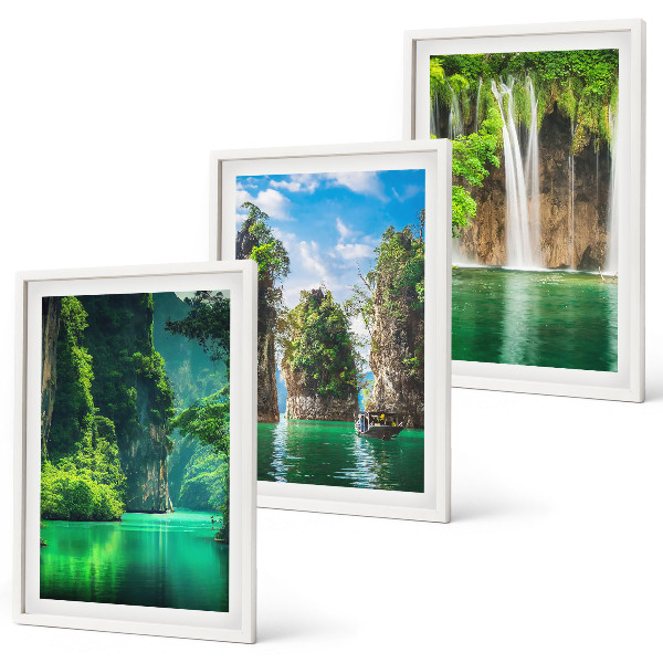 Three-piece wall art piece Green landscapes waterfalls