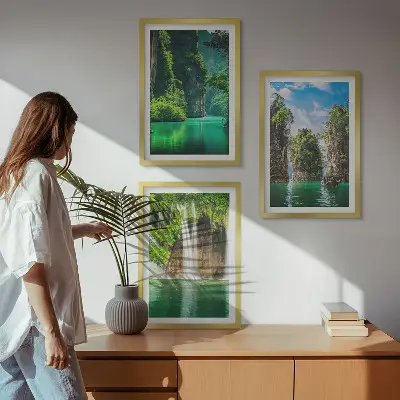 Three-piece wall art set green landscape waterfalls