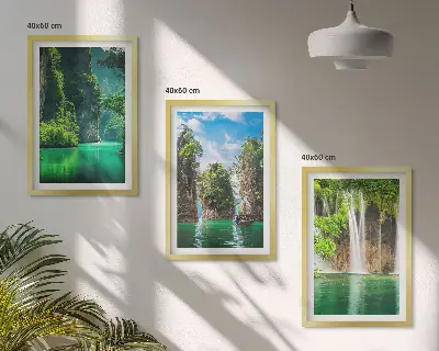 Three-piece wall art set green landscape waterfalls