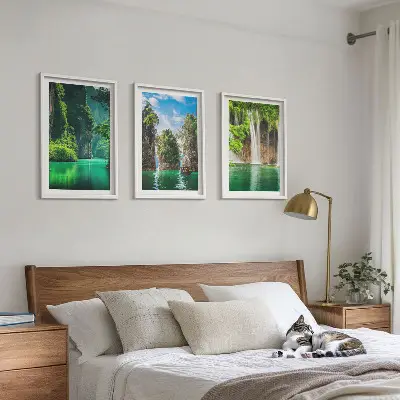 Three-piece wall art set green landscape waterfalls