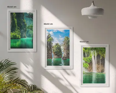 Three-piece wall art set green landscape waterfalls