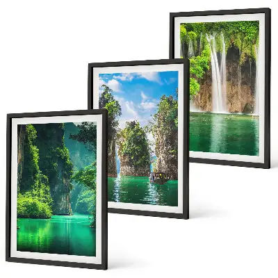Three-piece wall art set green landscape waterfalls