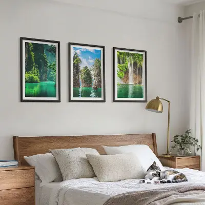 Three-piece wall art set green landscape waterfalls