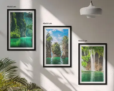 Three-piece wall art set green landscape waterfalls