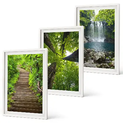 Set of 3 framed wall art pieces featuring a path through a forest with a waterfall and lush vegetation