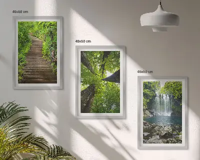 Set of 3 framed wall art pieces featuring a path through a forest with a waterfall and lush vegetation