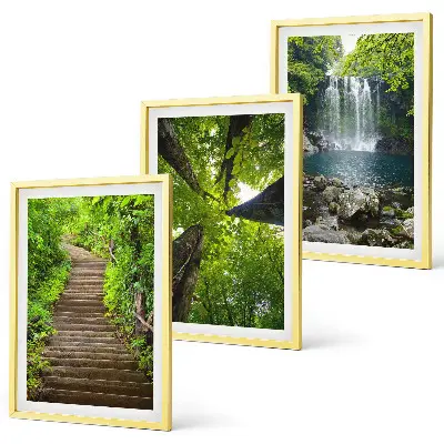Set of 3 framed wall art pieces featuring a path through a forest with a waterfall and lush vegetation