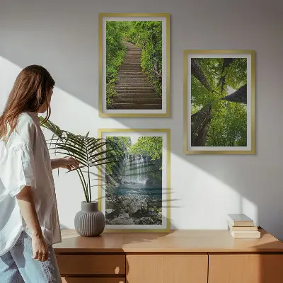 Set of 3 framed wall art pieces featuring a path through a forest with a waterfall and lush vegetation