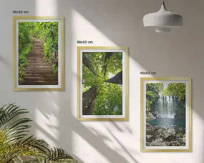 Set of 3 framed wall art pieces featuring a path through a forest with a waterfall and lush vegetation