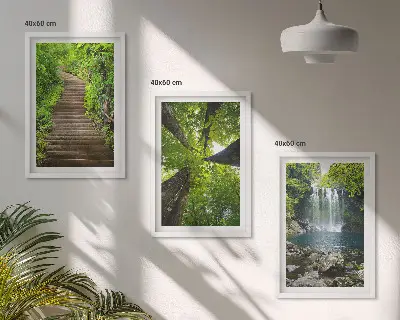 Set of 3 framed wall art pieces featuring a path through a forest with a waterfall and lush vegetation