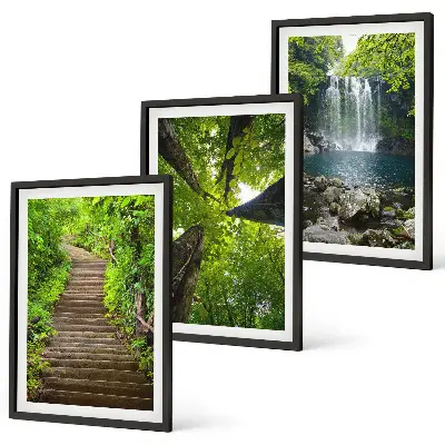 Set of 3 framed wall art pieces featuring a path through a forest with a waterfall and lush vegetation
