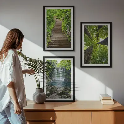 Set of 3 framed wall art pieces featuring a path through a forest with a waterfall and lush vegetation