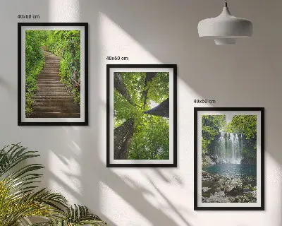 Set of 3 framed wall art pieces featuring a path through a forest with a waterfall and lush vegetation