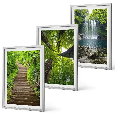 Set of 3 framed wall art pieces featuring a path through a forest with a waterfall and lush vegetation