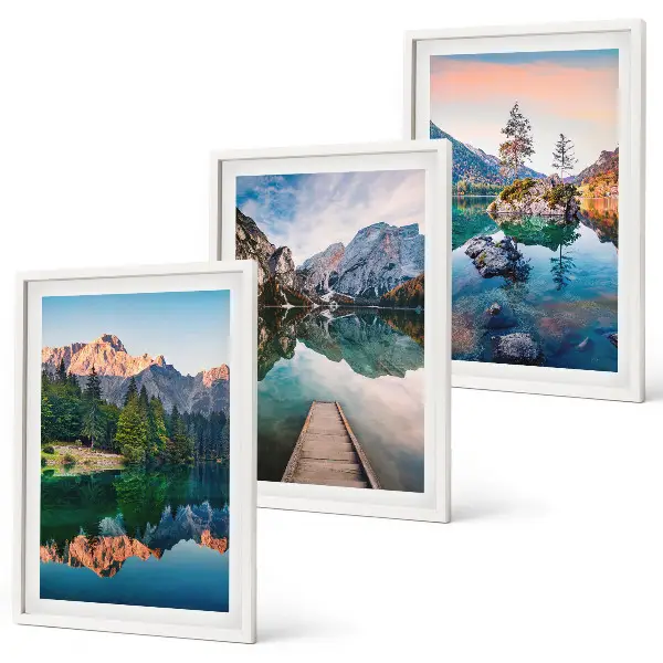 Three-piece wall art set mountain lake reflection in a forest