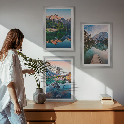 Three-piece wall art piece Mountain lakes reflection forest