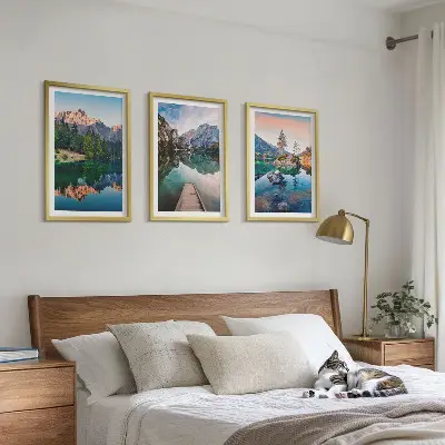 Three-piece wall art set mountain lake reflection in a forest