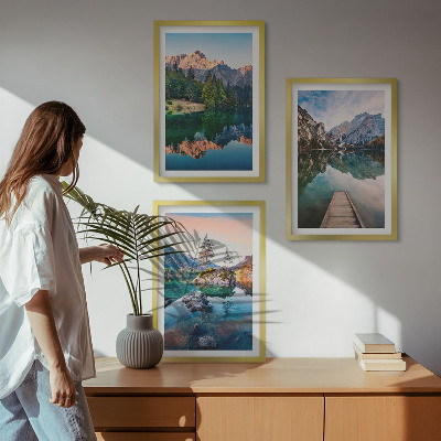 Three-piece wall art piece Mountain lakes reflection forest