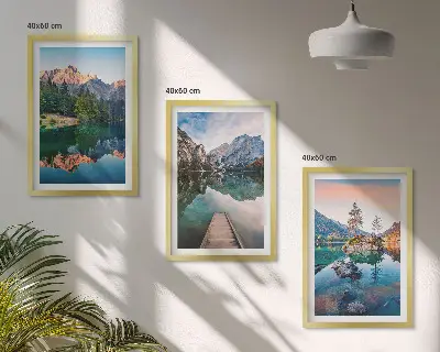 Three-piece wall art set mountain lake reflection in a forest