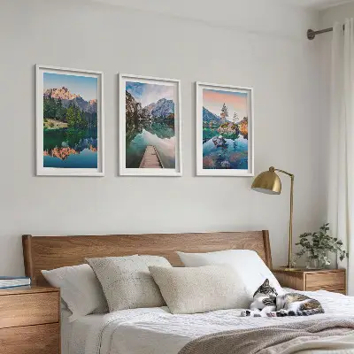 Three-piece wall art set mountain lake reflection in a forest