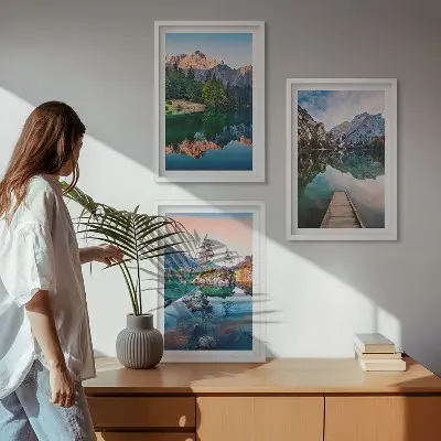 Three-piece wall art set mountain lake reflection in a forest