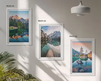 Three-piece wall art set mountain lake reflection in a forest