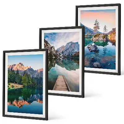 Three-piece wall art set mountain lake reflection in a forest