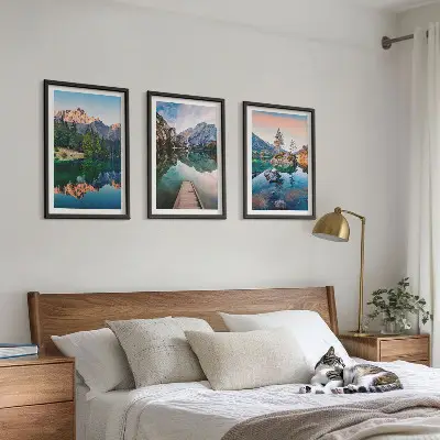Three-piece wall art set mountain lake reflection in a forest