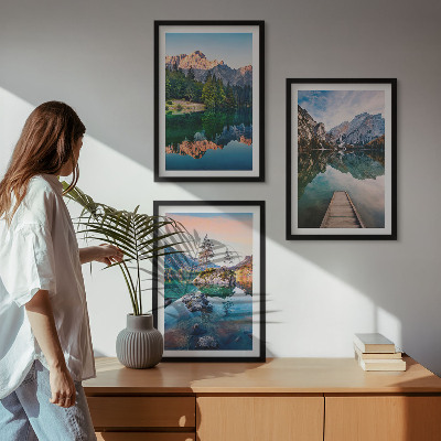 Three-piece wall art piece Mountain lakes reflection forest