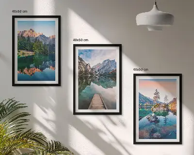 Three-piece wall art set mountain lake reflection in a forest