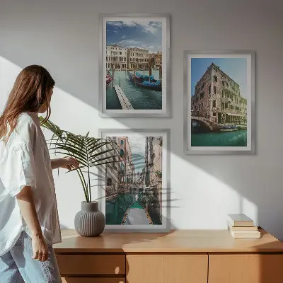 Three-piece wall art set featuring Venice canal architecture