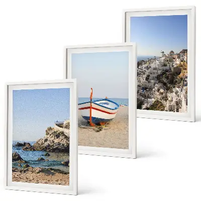 Set of 3 framed wall art pieces featuring views of Greece with a boat and houses
