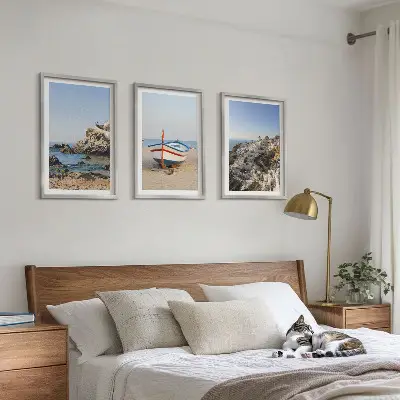 Set of 3 framed wall art pieces featuring views of Greece with a boat and houses