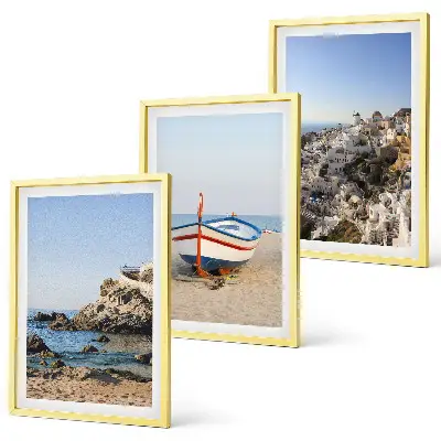 Set of 3 framed wall art pieces featuring views of Greece with a boat and houses