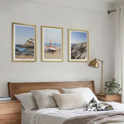Set of 3 framed wall art pieces Views of Greece with a boat and houses