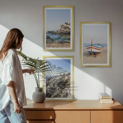 Set of 3 framed wall art pieces featuring views of Greece with a boat and houses