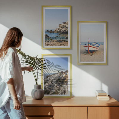 Set of 3 framed wall art pieces Views of Greece with a boat and houses