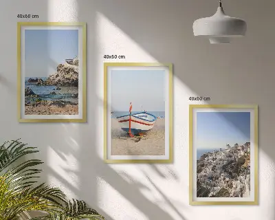 Set of 3 framed wall art pieces featuring views of Greece with a boat and houses
