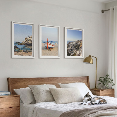 Set of 3 framed wall art pieces Views of Greece with a boat and houses