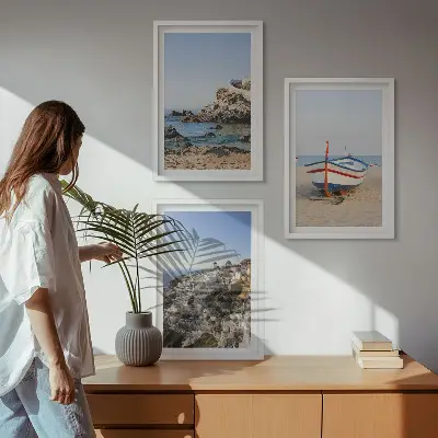 Set of 3 framed wall art pieces featuring views of Greece with a boat and houses